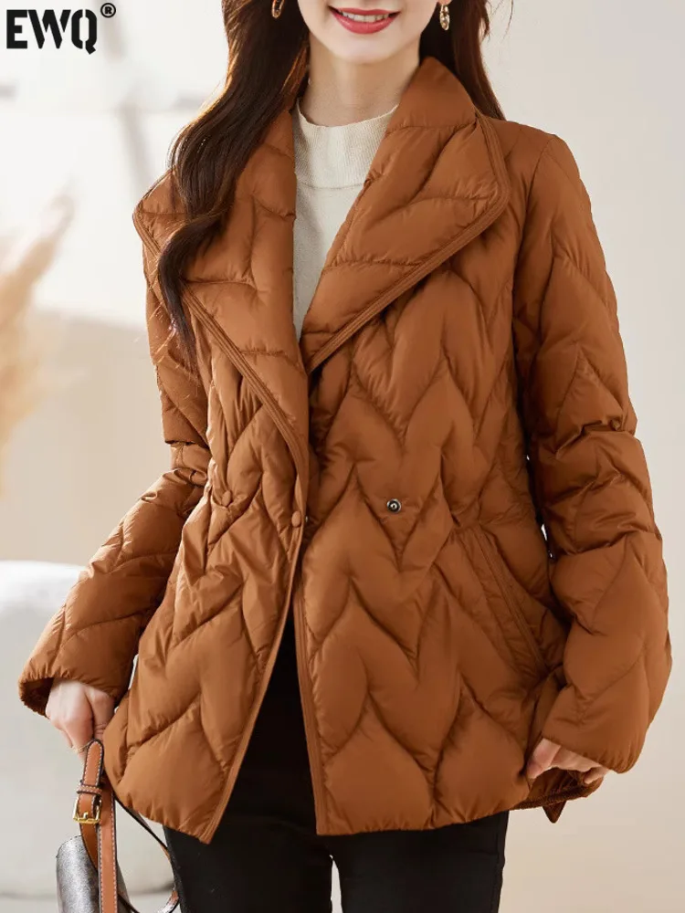 [EWQ] Chic Plaid Tops Keep Warm Single Button Brown Down Jacket Parkas Coat 2024 Winter Fashion Beautiful Women Clothing O3557