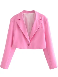 Y2023 ye kadınlar tek düğme pembe kırpma Blazer Vintage uzun kollu yaka zarif bayanlar ofis takım elbise ceket