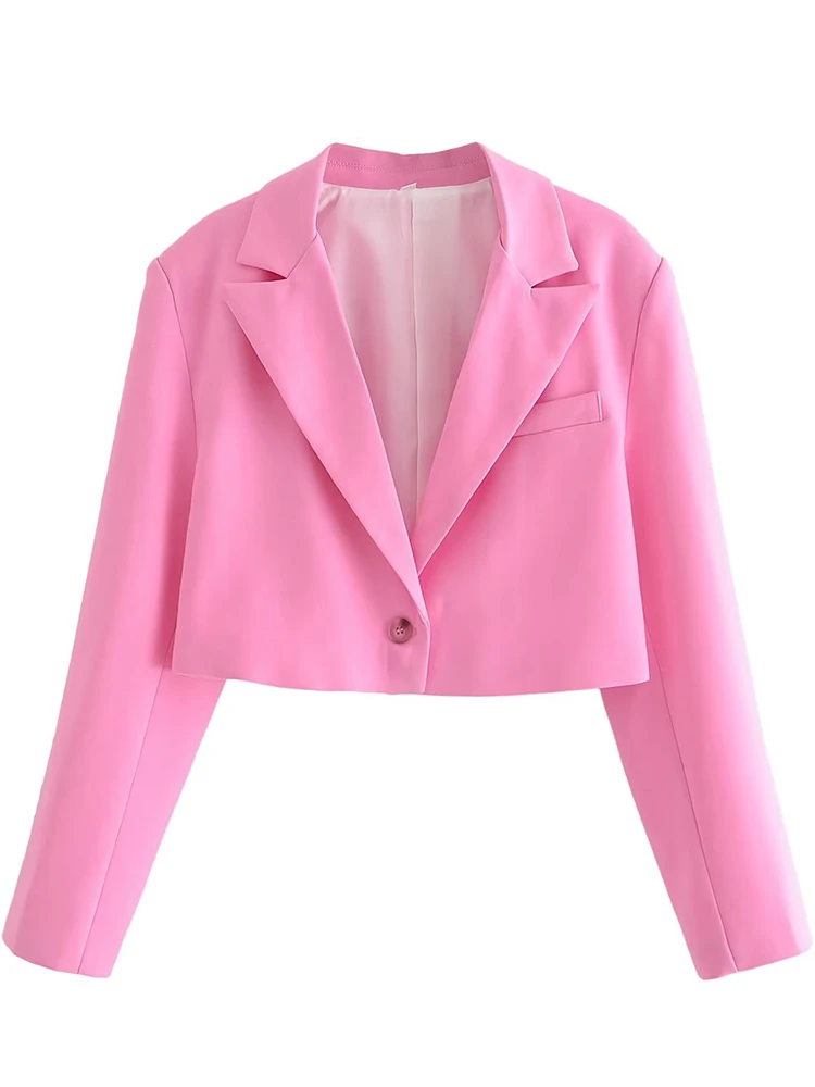 YENKYE 2023 Women Single Button Pink Crop Blazer Vintage Long Sleeve Lapel Collar Elegant Ladies Office Suit Coat