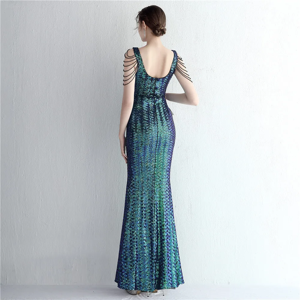 Robe à paillettes à manches courtes pour l'été, Tube, célébrité, tempérament de Banquet, longue robe à paillettes, reine, queue de poisson