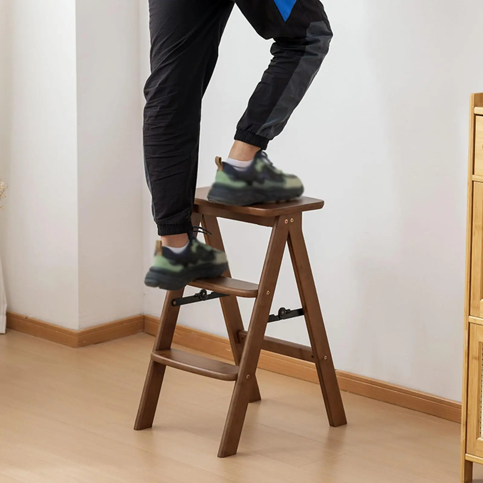 Folding Step Stool Display Stand 3 Layer Plant Stand Sturdy Convenient Nonslip Wooden Chair for Bar Garage Department Stores
