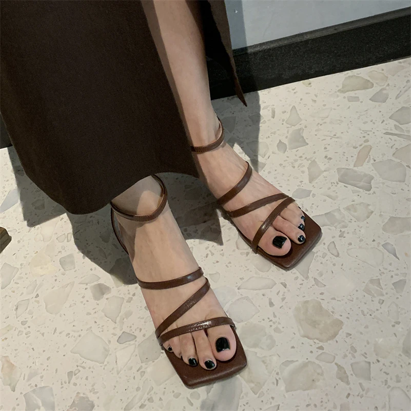 Meotina Women Ankle Strap Shoes Genuine Leather Mid Heel Buckle Sandals Square Toe Thin Heels Ladies Footwear Summer Beige 40