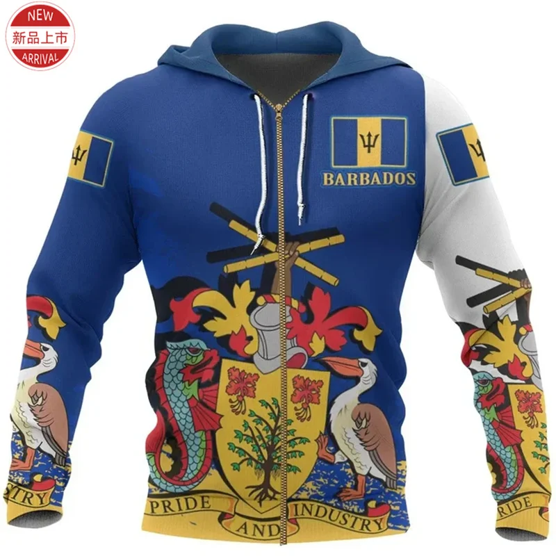 Vintage Barbados National Flag Map 3D Printing Zip Up Hoodies Kid Fashion Streetwear Zipper Sweatshirts Casual Mens Clothing Top