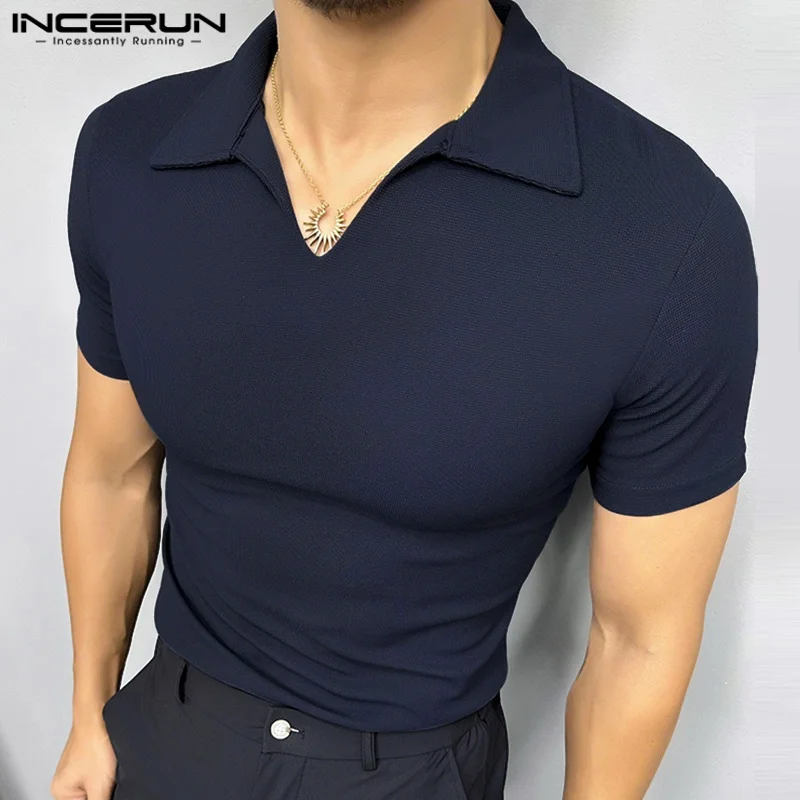 INCERUN قميص رجالي ذو طية صدر السترة وأكمام قصيرة بلون واحد ملابس رجالية غير رسمية ملابس الشارع الشهير على الطراز الكوري قمصان رجالية عصرية ترفيهية