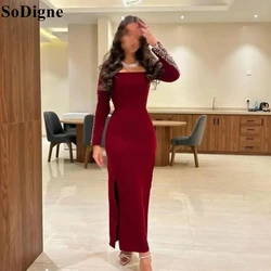 SoDigne Burgundy Mermaid Evening Dresses Long Sleeve Beading Side Slit 2024 Elegant Formal Occasion Party Prom Gown Saudi Arabia