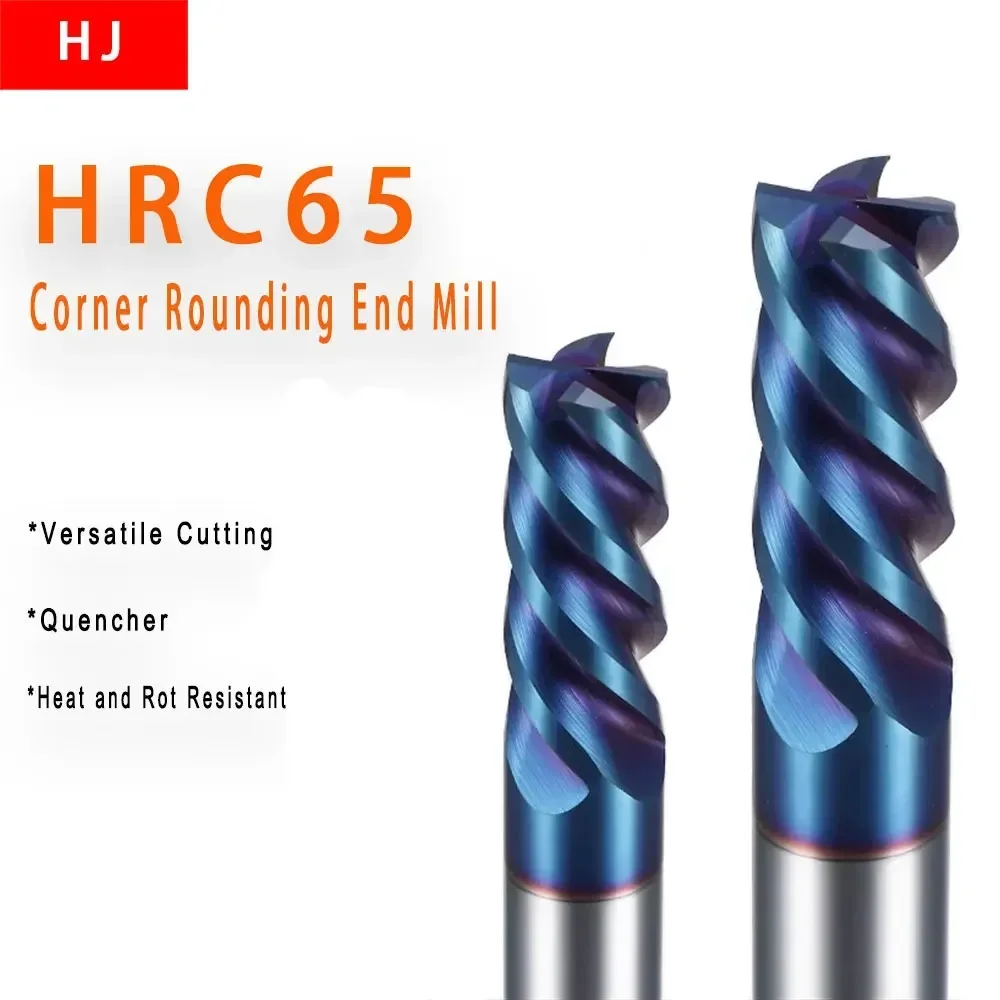 HRC 65 Degree Tungsten Steel Nano Blue Coating End Mill Shank R0.5/R1 50-75L 4 Flutes Corner Rounding End Milling Cutter Tools