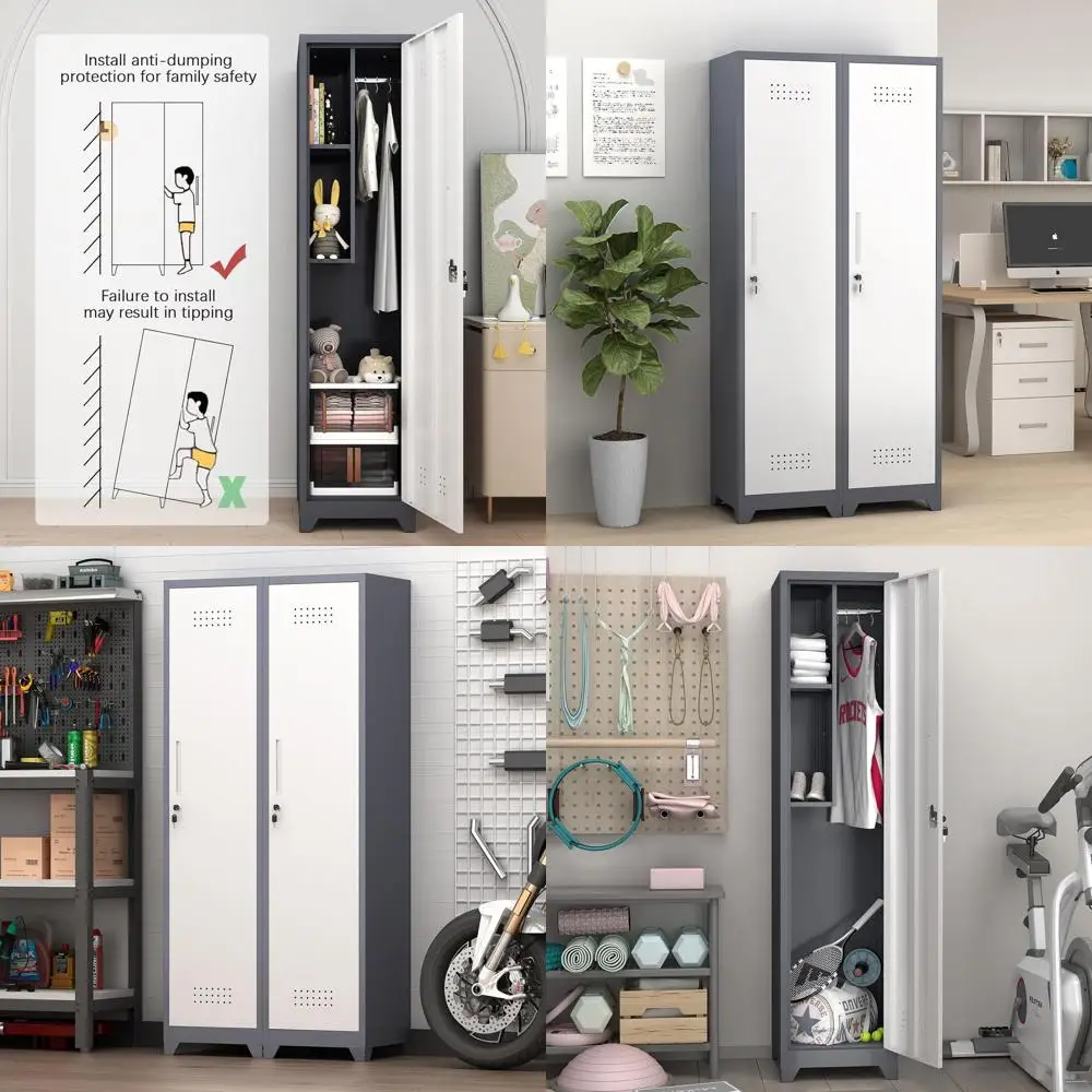 

65 Tall Steel Storage Cabinet with Lock, Narrow Utility Closet, Shelves for Laundry, Bathroom, White & Grey
