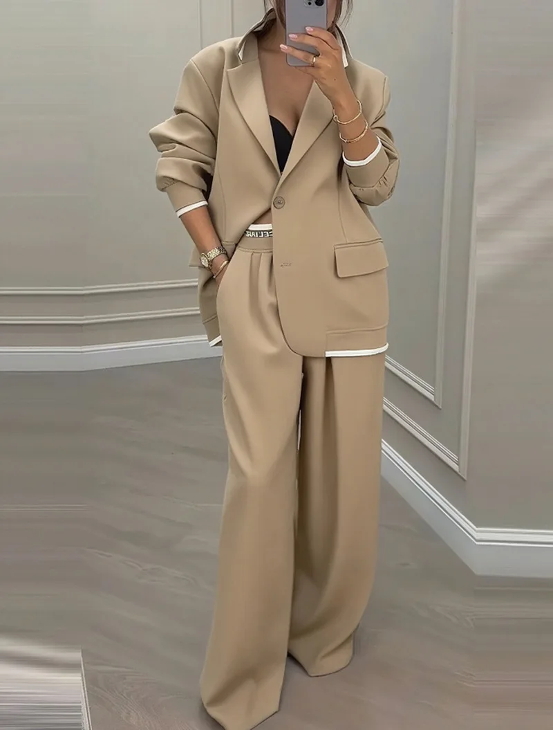 Autumn Winter Blazer Jacket Set Woman Elegant Single Button Lapel Cardigans & Wide Leg Trousers Suit Elegant Solid Office Outfit