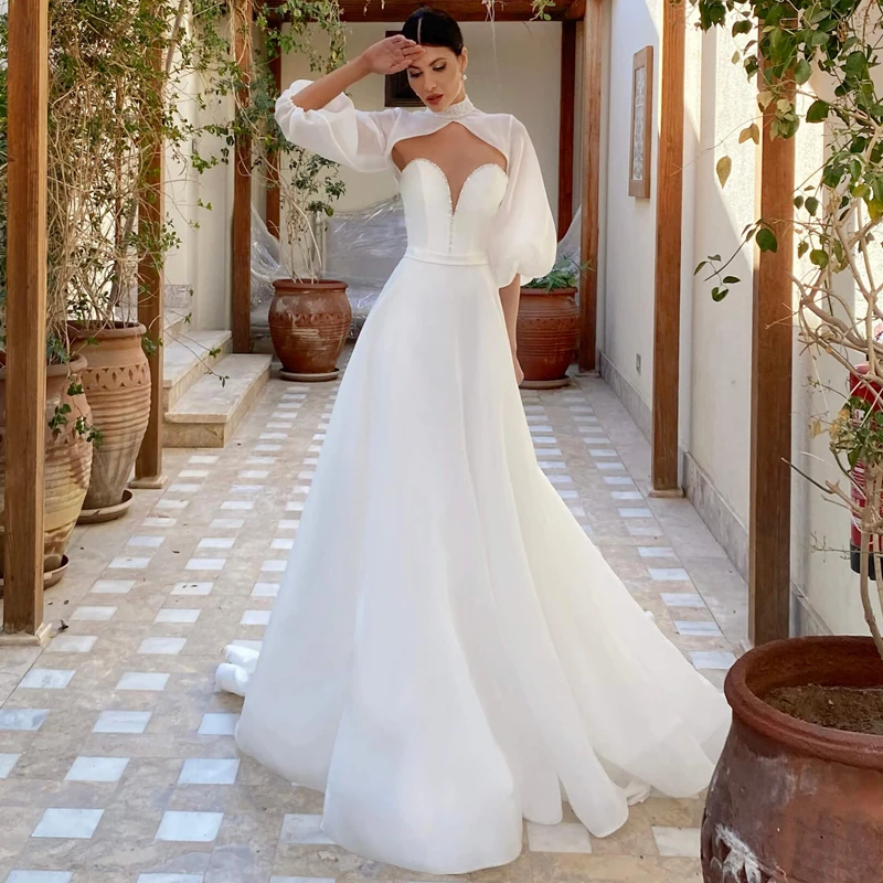 

Eightre White Princess Wedding Dresses 2022 Puff Sleeve Beadings Bride Dress Bobo Beach A-Line Wedding Evening Gowns Plus Size