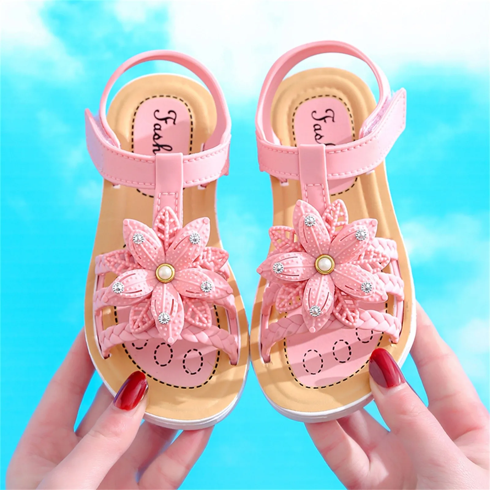 Sandalias de verano para niños, zapatos planos informales, suaves, antideslizantes, flor Rosa, con botones a presión