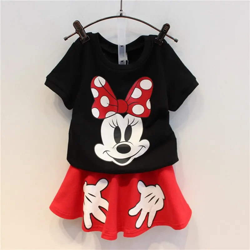 

2pcs new HOT 2024 summer spring baby kids Girls Clothes teenager Disney Mickey Minnie short t-shirt + red skirt 3 4 5 6 7 8 year