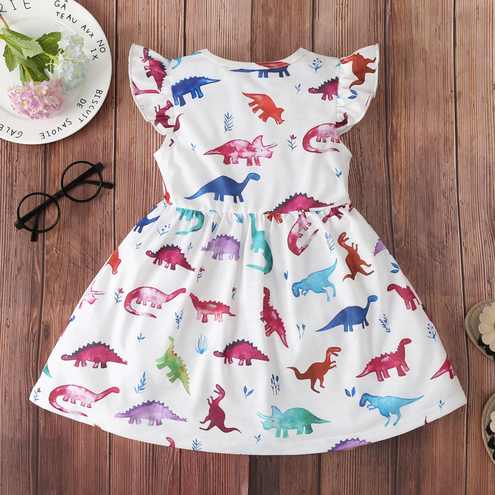 Girls Colorful Dinosaur Print Flying Sleeve Casual Dress For Kids Vacation Summer Outfit