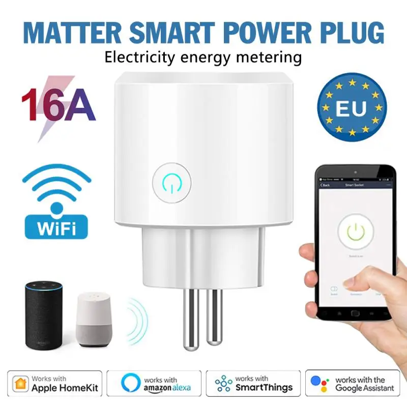 Matter 16A EU WiFi Smart Plug Electricity Energy Metering Electrical Socket Works With HomeKit Alexa Google Home Smartthings