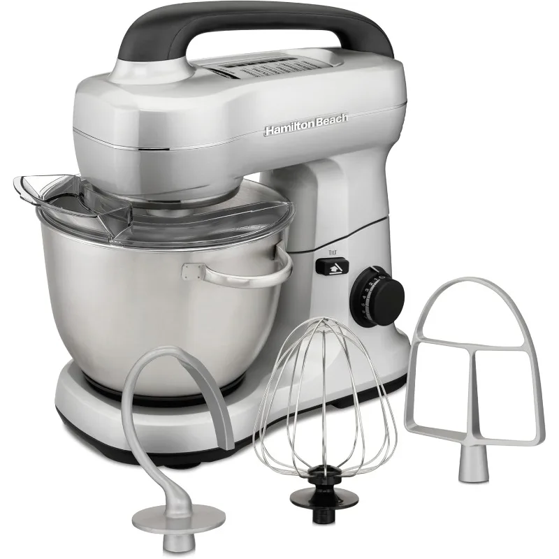 Hamilton Beach Electric Stand Mixer, 4 Quarts, Dough Hook, Flat Beater Attachments, Splash Guard 7 Speeds with Whisk, Silver