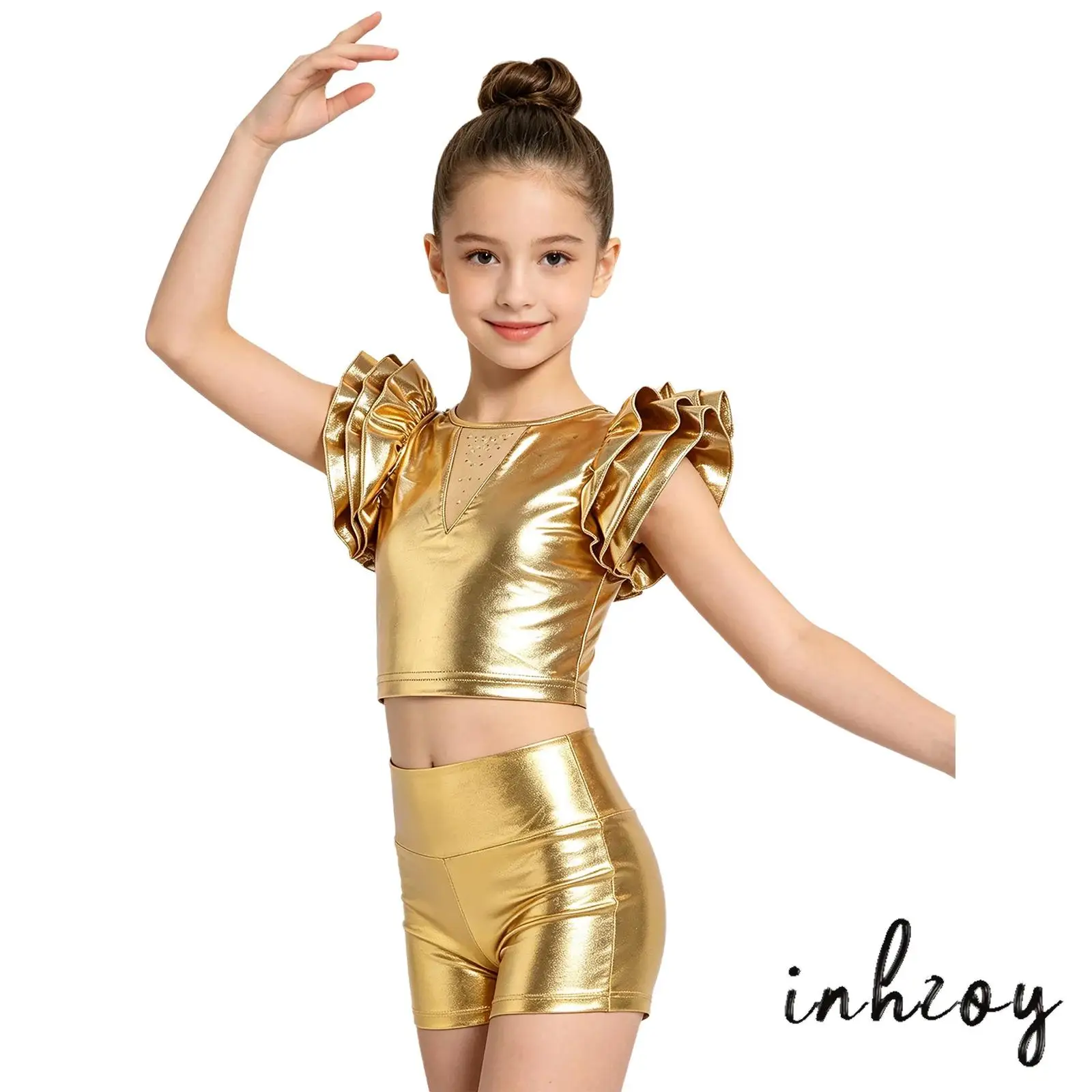 Kids Stage Jazz Dance Clothing Set Girls Metallic Ruffled Sleeves Keyhole Back Crop Top with High Waist Shorts Disco Streetwear