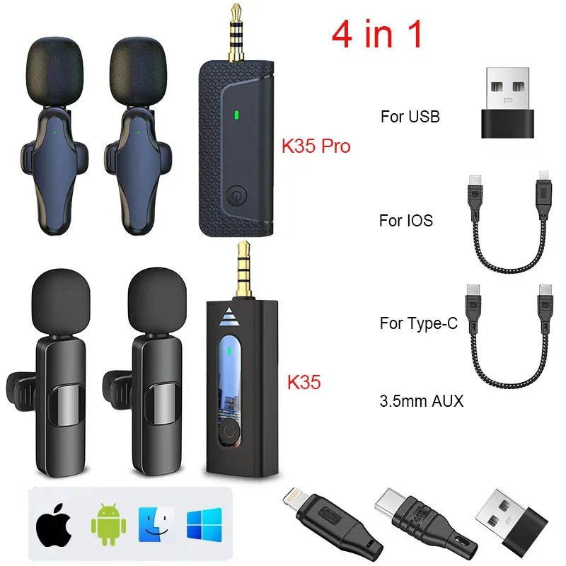 K35 Pro 2.4G Wireless Technology Noise-Cancelling Collar Clip  Microphone Reduction Type-C Lightning for iPhone iPad Android Liv