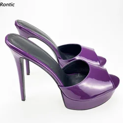 Rontic Women Platform Mules Sandals Glossy Slippers Unisex Stiletto Heel Peep Toe Gorgeous Dark Purple Party Shoes Size 35-52
