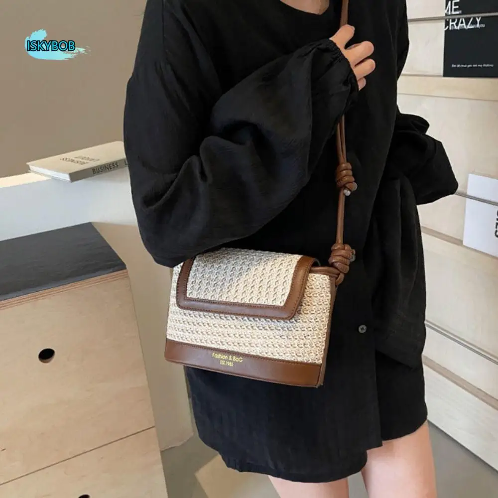 

Casual Large Capacity Weave Bag Colorful Shopping Bag Straw Bag PU Leather Fashion Bohemian Shoulder Bag Women