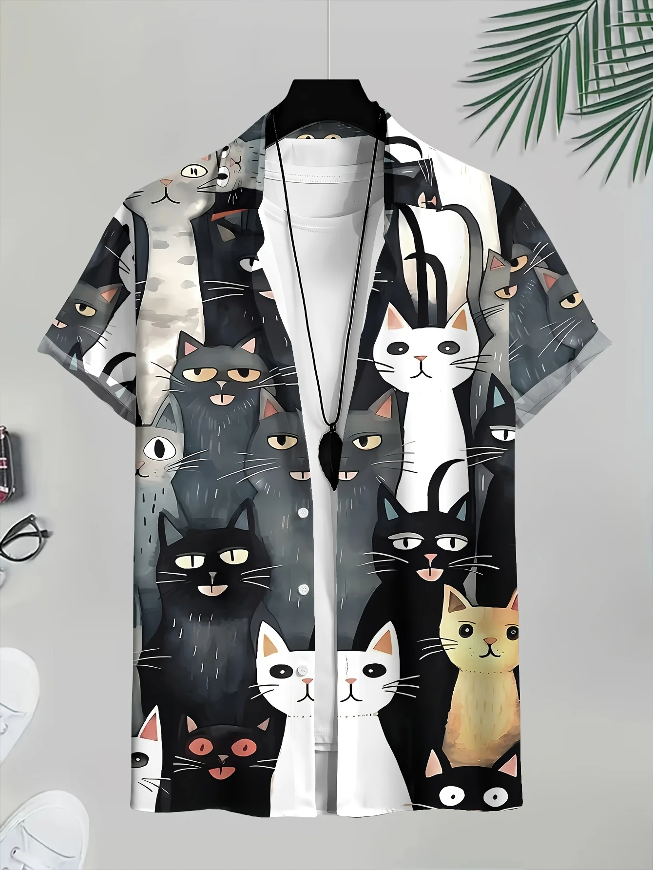 Men Short Sleeve Shirt Funny Multi‑Breed Cat Portrait Print Turn‑Down Collar Hawaiian Casual Tops