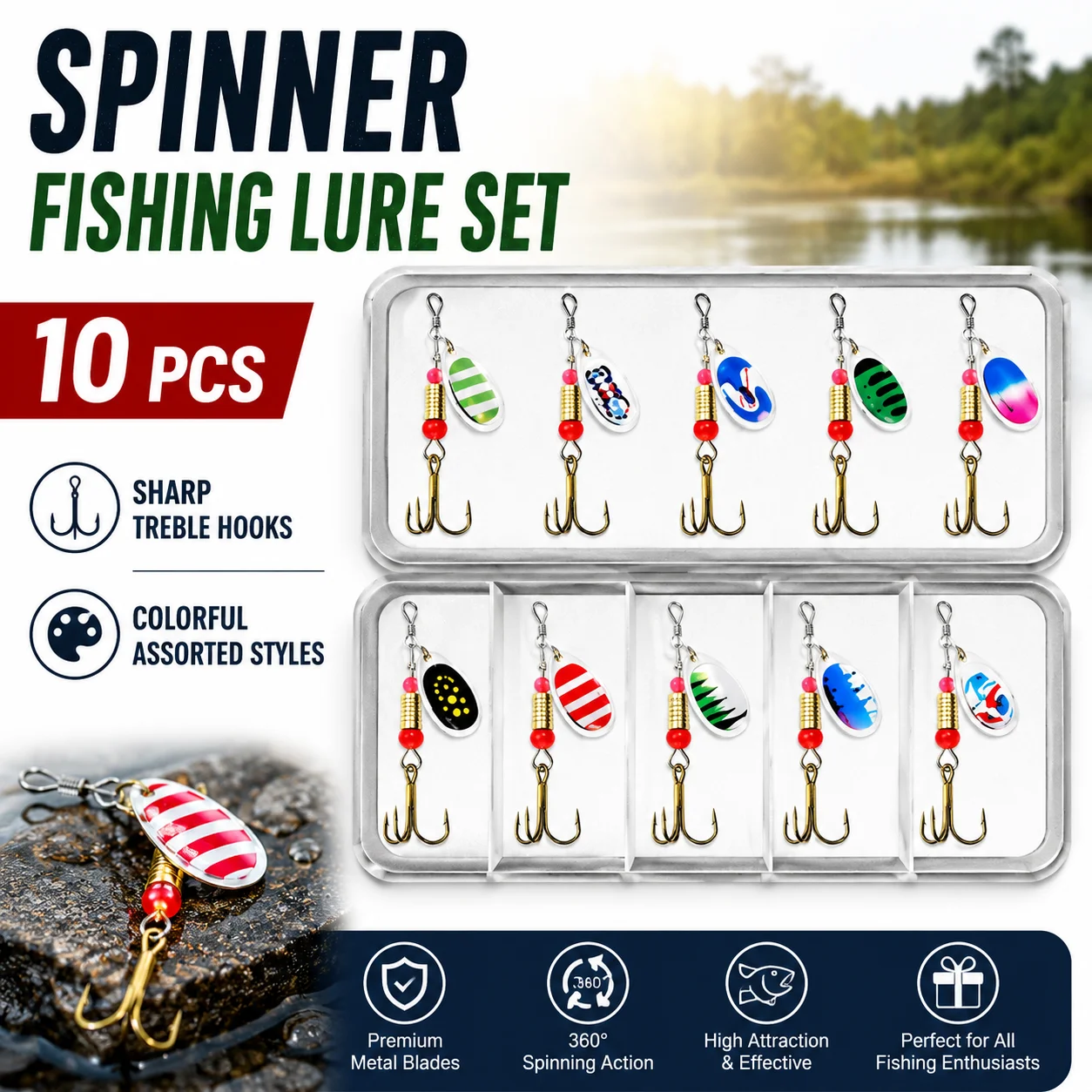 Conjunto de 10 Iscas Giratórias para Pesca com Anzóis Triplos e Lâmina de Metal, Caixa de Pesca, Kit de Iscas para Pesca de Água Doce (Robalo, Truta, Perca, Lúcio) para Pescadores