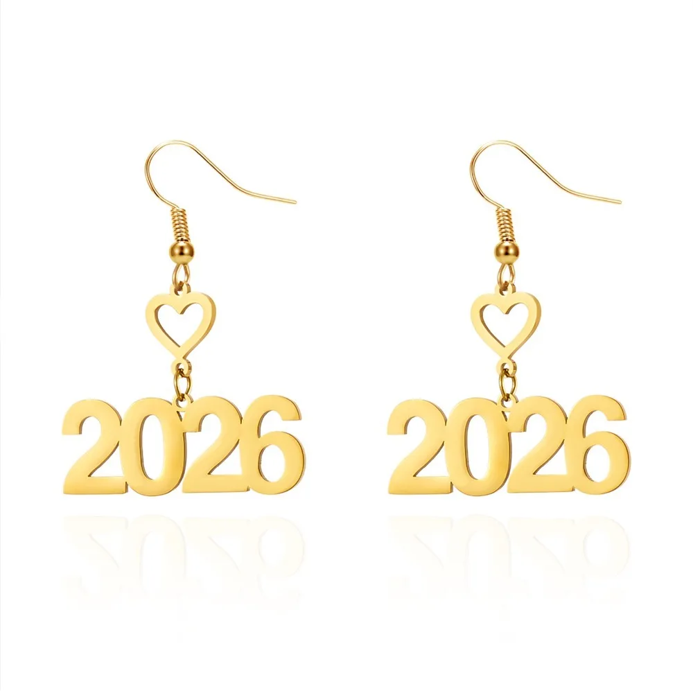 الذهب اللون السنة الجديدة عدد القرط الفولاذ المقاوم للصدأ مقاومة للصدأ 2026 انخفاض القرط تنوعا الحد الأدنى الأذن قلادة