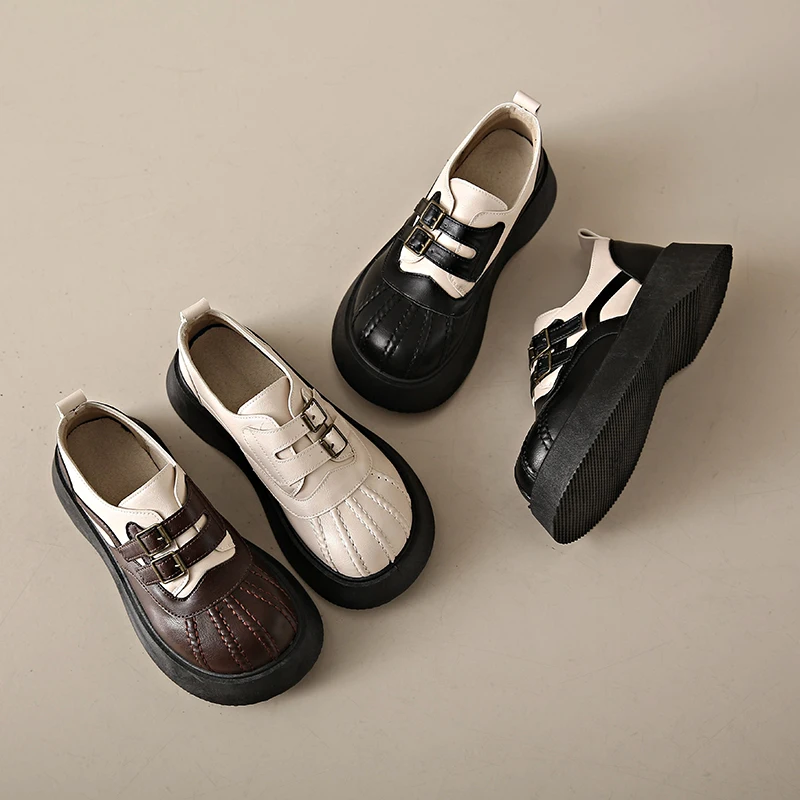 Mocassins Oxfords com pele para mulheres, sapatos com plataforma, slip on, couro, estilo mary jane, outono, novo