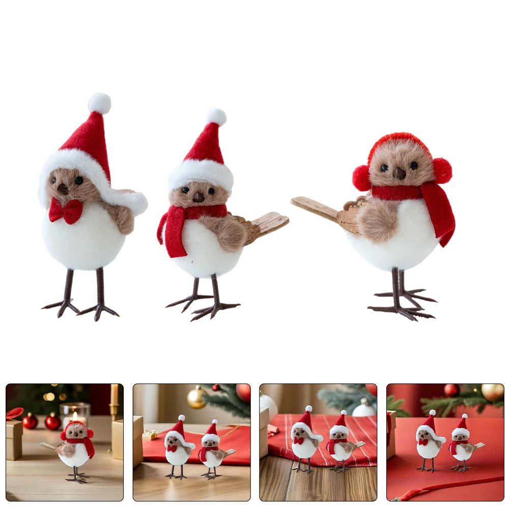 

3Pcs Christmas Tree Birds Artificial Decorations Standing Figurines Scarves Hats Festive Tabletop Ornament Holiday Decor
