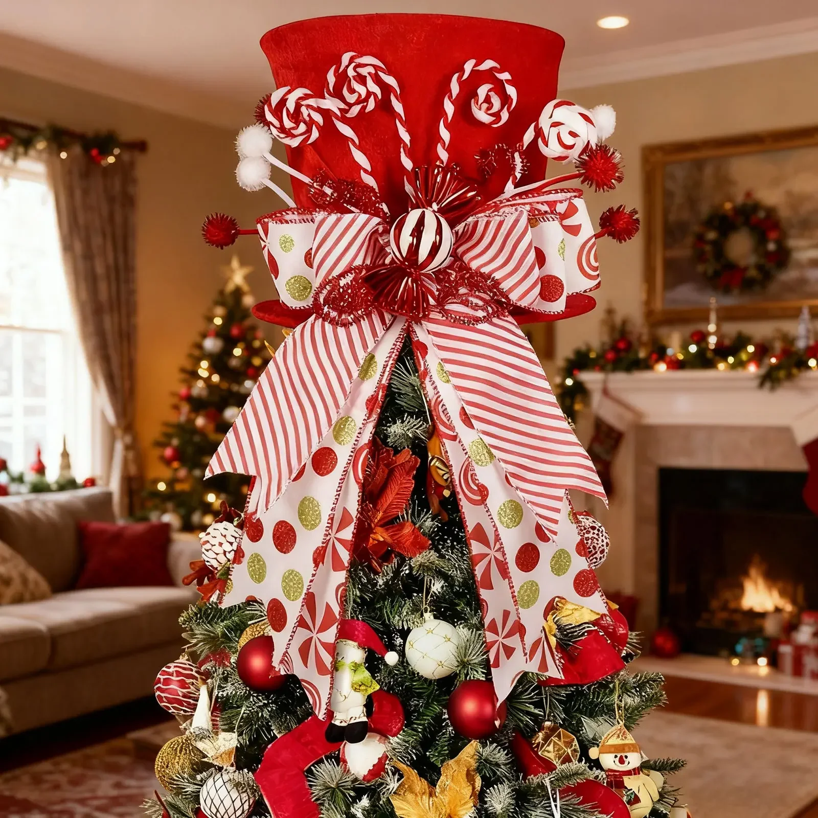 1pc Christmas Tree Topper Hat Collapsible Formal Hat Striped Ribbon Bow Candy Tree Top Home Holiday Party Decor Gift