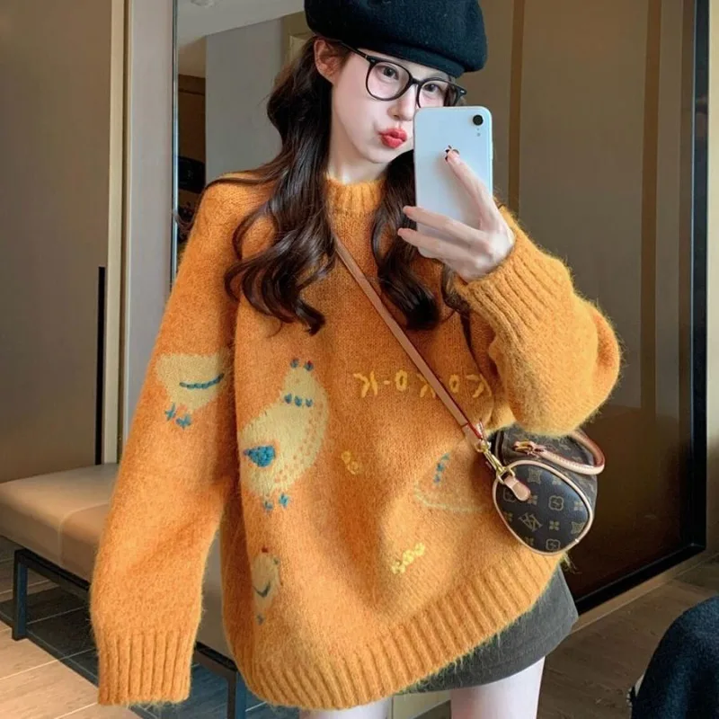 

Orange Sweater for Women 2025 New Spring and Autumn Thickened Retro Loose Korean Knitted Sweater