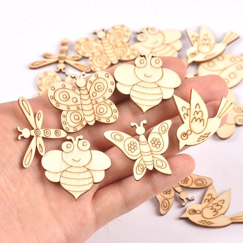 25pcs 3-5cm Cute Insects/Shells/Animal Wood DIY Carfts Slices For Handmade Scrapbook Accessories Wooden Ornaments Home Decor Art