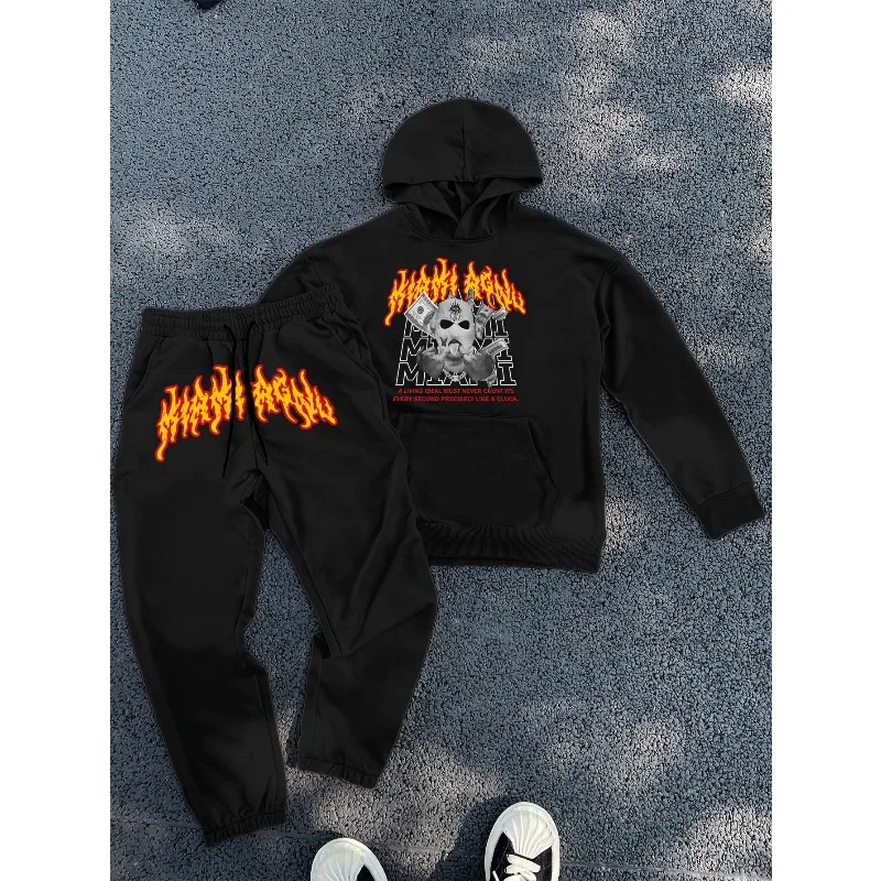 2025 بدلة رجالية شارع العصابات لهب ثلاثية الأبعاد مطبوعة الشارع كول نمط الكنغر حقيبة فضفاضة الكتف هوديي السراويل الرياضية مجموعة