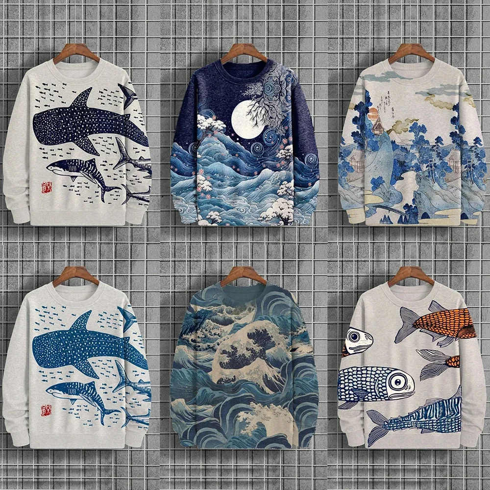 Men's Fashion Round Neck Printed Linen Tops Casual Sweatshirts Couple Harajuku Men Women Sweatshirts Spring Autumn Clothing