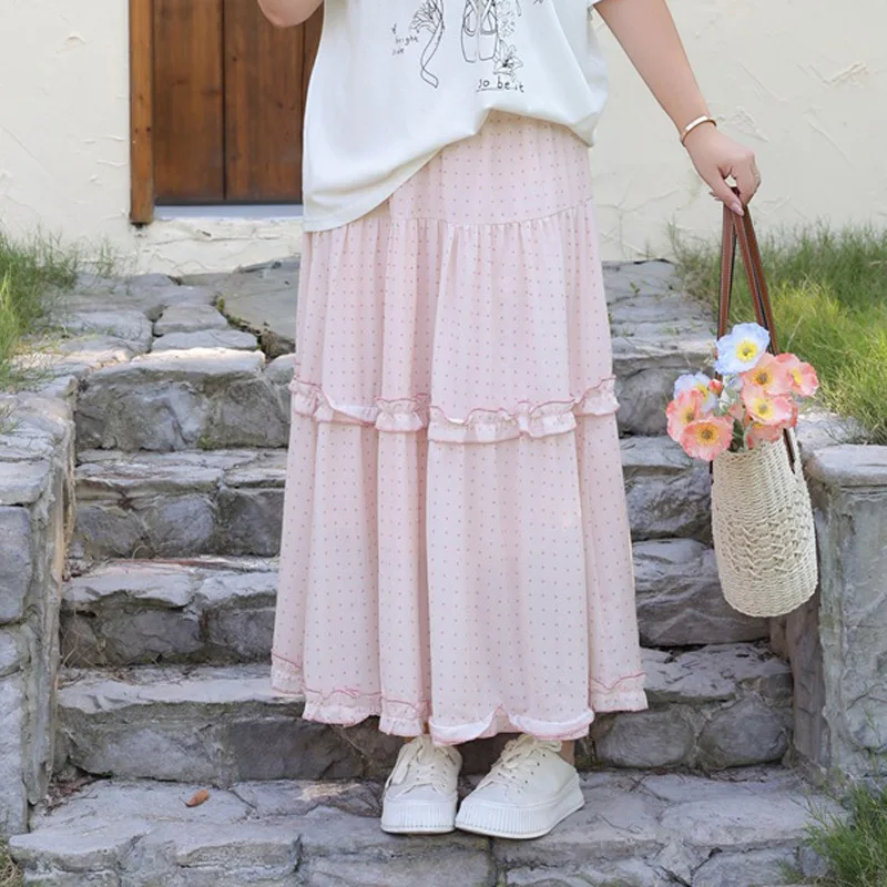 

Plus Size Women's Long Cake Skirts Casual Premium Lotus Pink Dot Ruffled High Waist Summer 2025