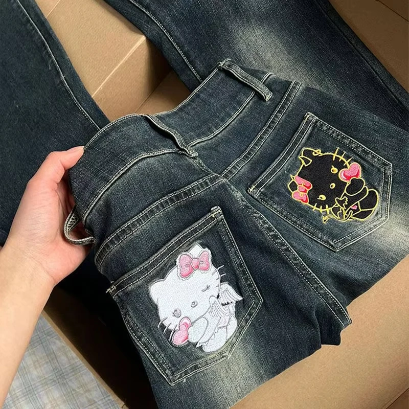 

Женские джинсы Y2K с мультяшным принтом Hello Kitty, вышивкой, высокой талией и широкими штанинами, весенне-осенние, повседневные, в уличном стиле