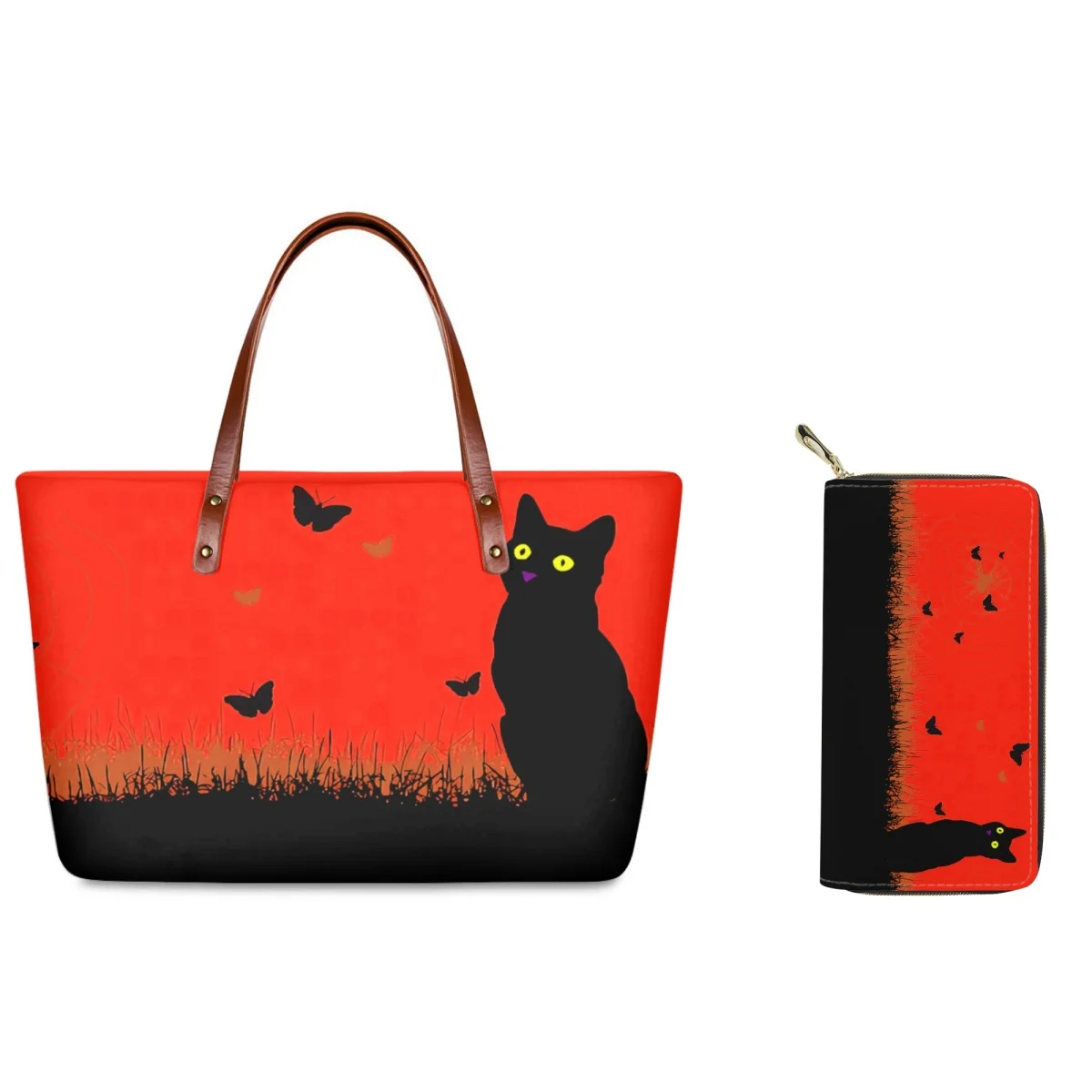 

FORUDESIGNS Black Kitten Totes Bag Women Oversized Storage Space Bags Two Piece Purse Plus Handbag Shopping Storage Makeup