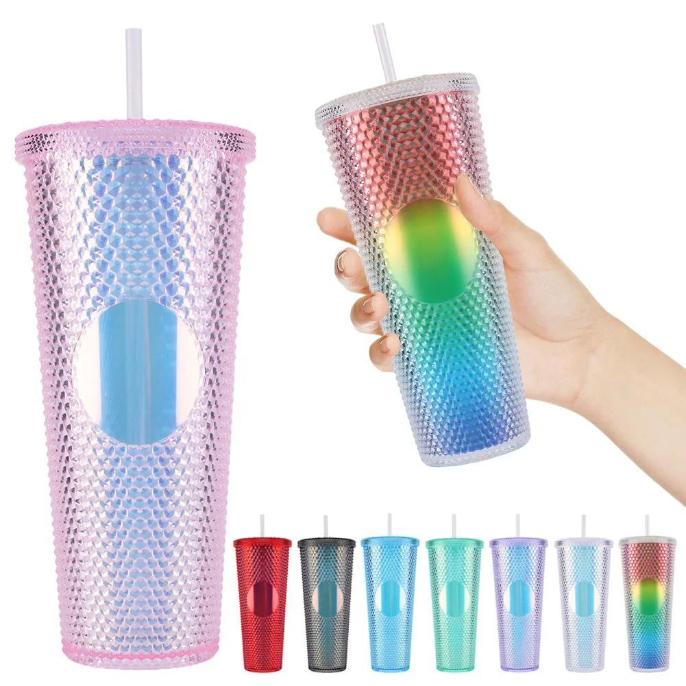 

710ml Plastic Straw Cup Drinking Cup Double-Walled Rhinestone Rivet Cup Large Capacity Travel Mug for Home & Outdoor