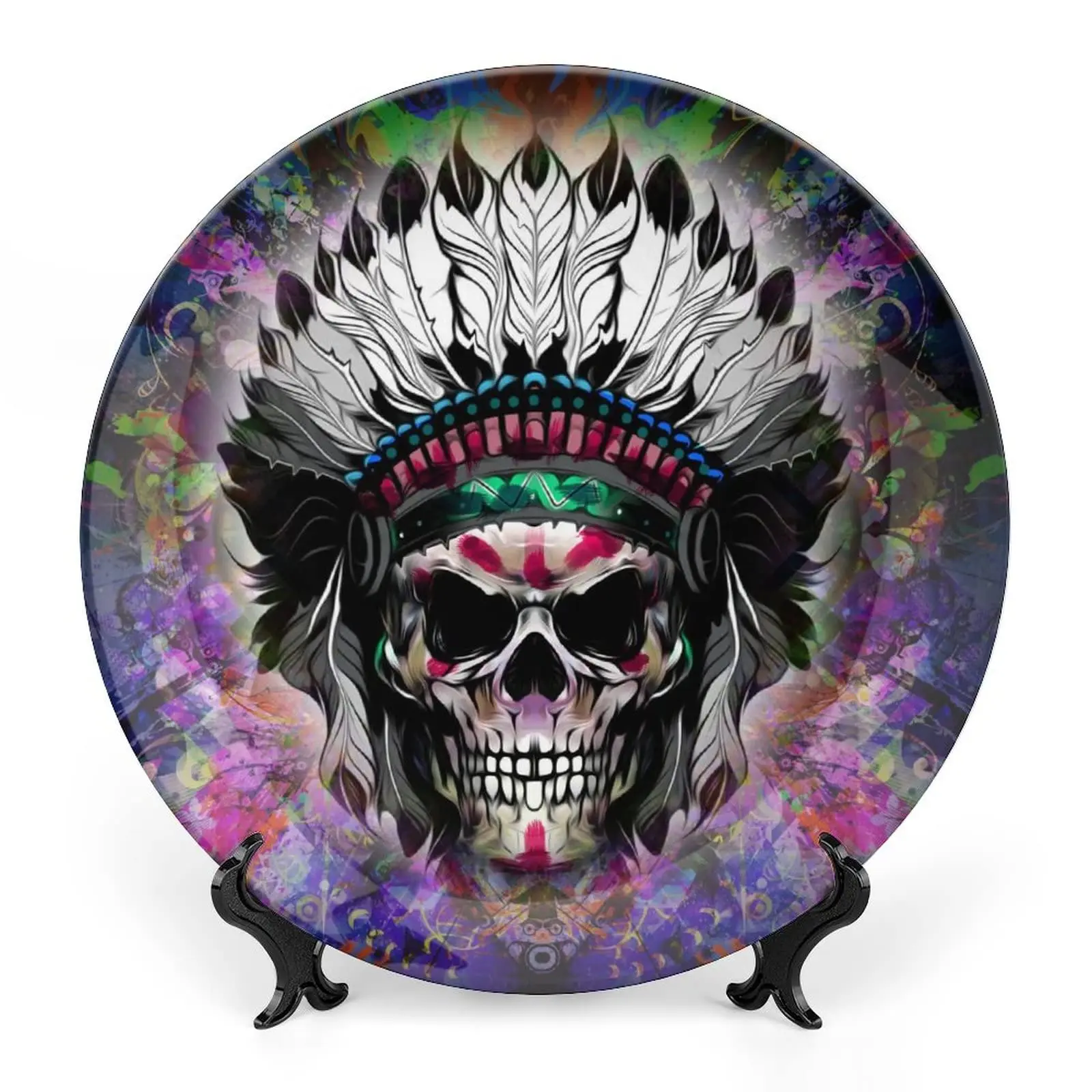 Skull Turquoise Vintage Design Bone China Decor Plate with Stand Round Decorative Plate Home Wobble-Plate Ceramic Wall Hanging