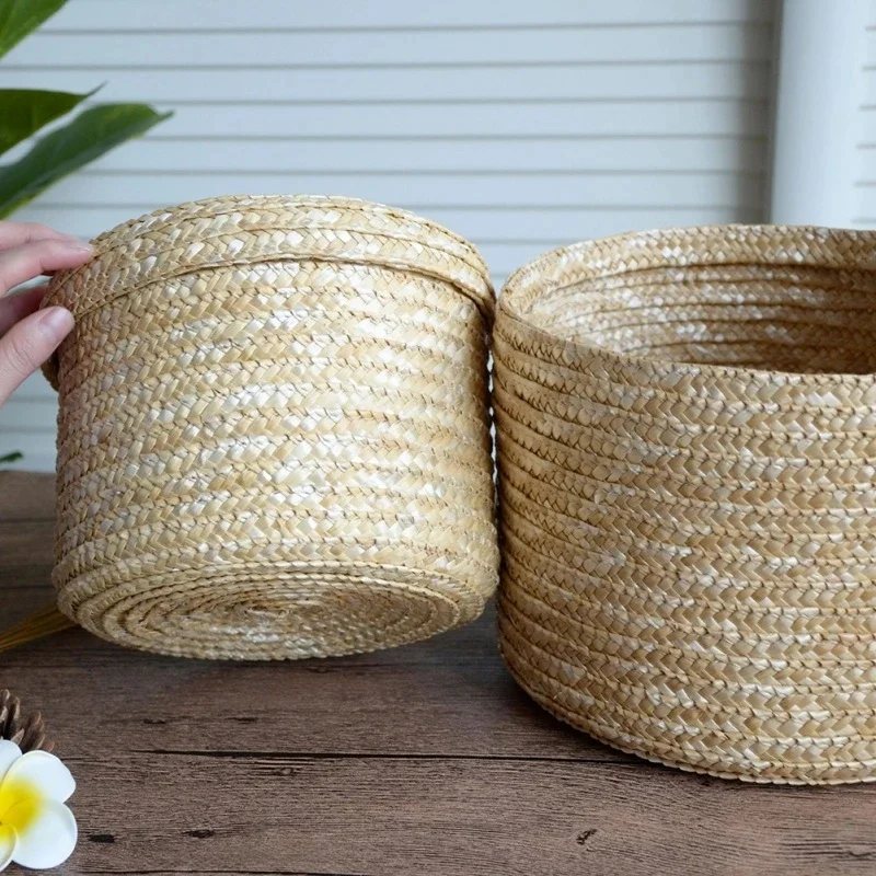 Handmade Finishing Straw Woven Storage Basket with Lid Rattan Flower Basket Wardrobe Desktop Round Storage Box Snack Organizer