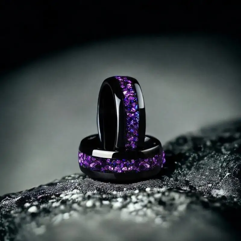 

Black purple floral 8mm Fashionable and popular men's and women's stainless steel rings, gift wedding rings