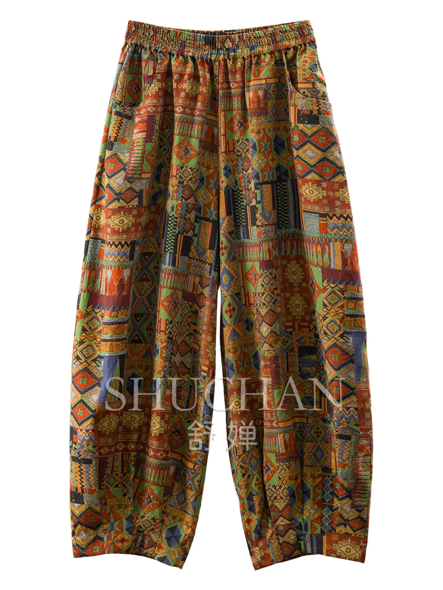 New Chinese Heavy Silk Spinning Ethnic Style Printing Leggings Women's 72L1 Pantalones Mujer Wide Leg Pants Women