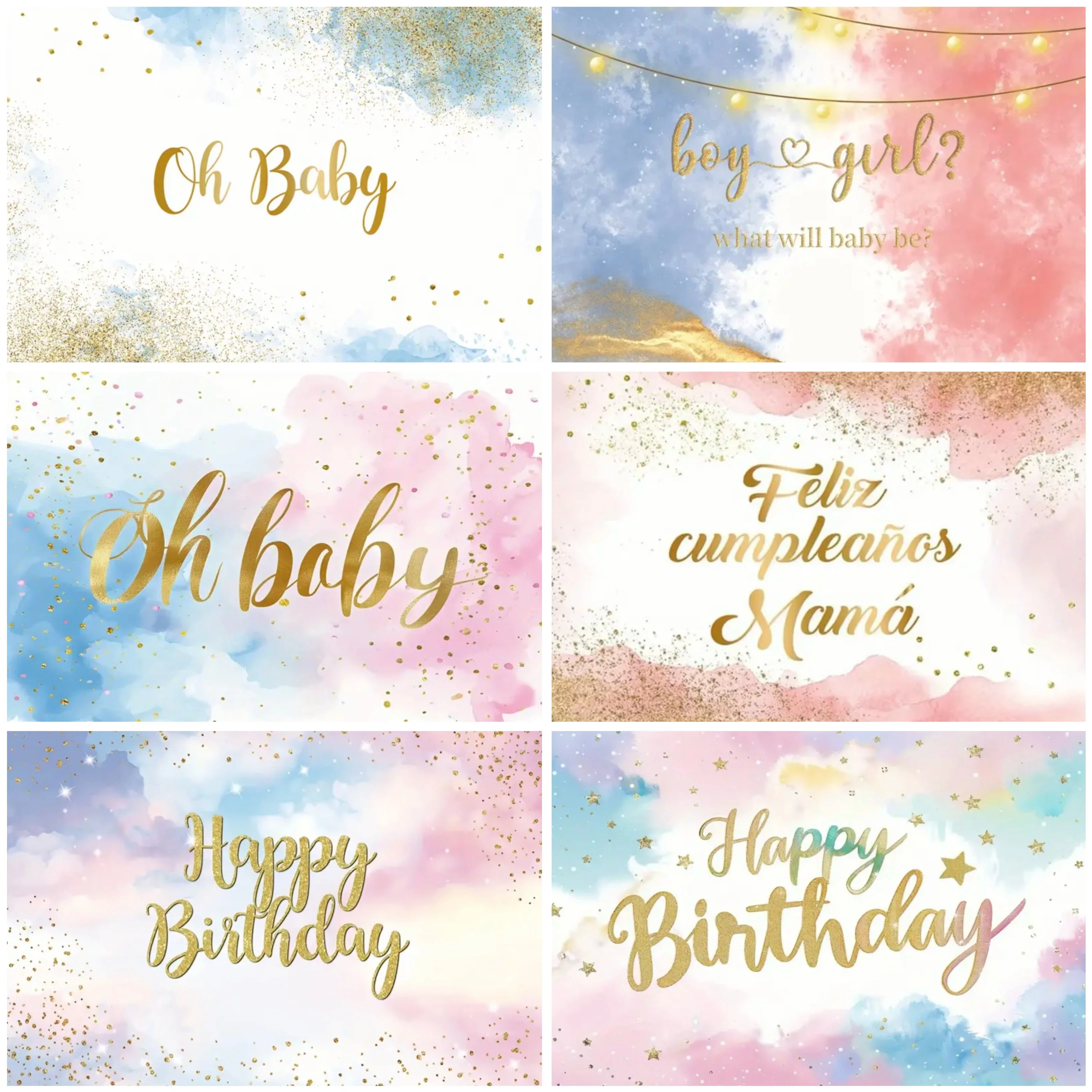 Oh Baby Watercolor Backdrop Blue Clouds Gold Glitter Boy or Girl Baby Shower Background Birthday Party Decoration Photo Poster