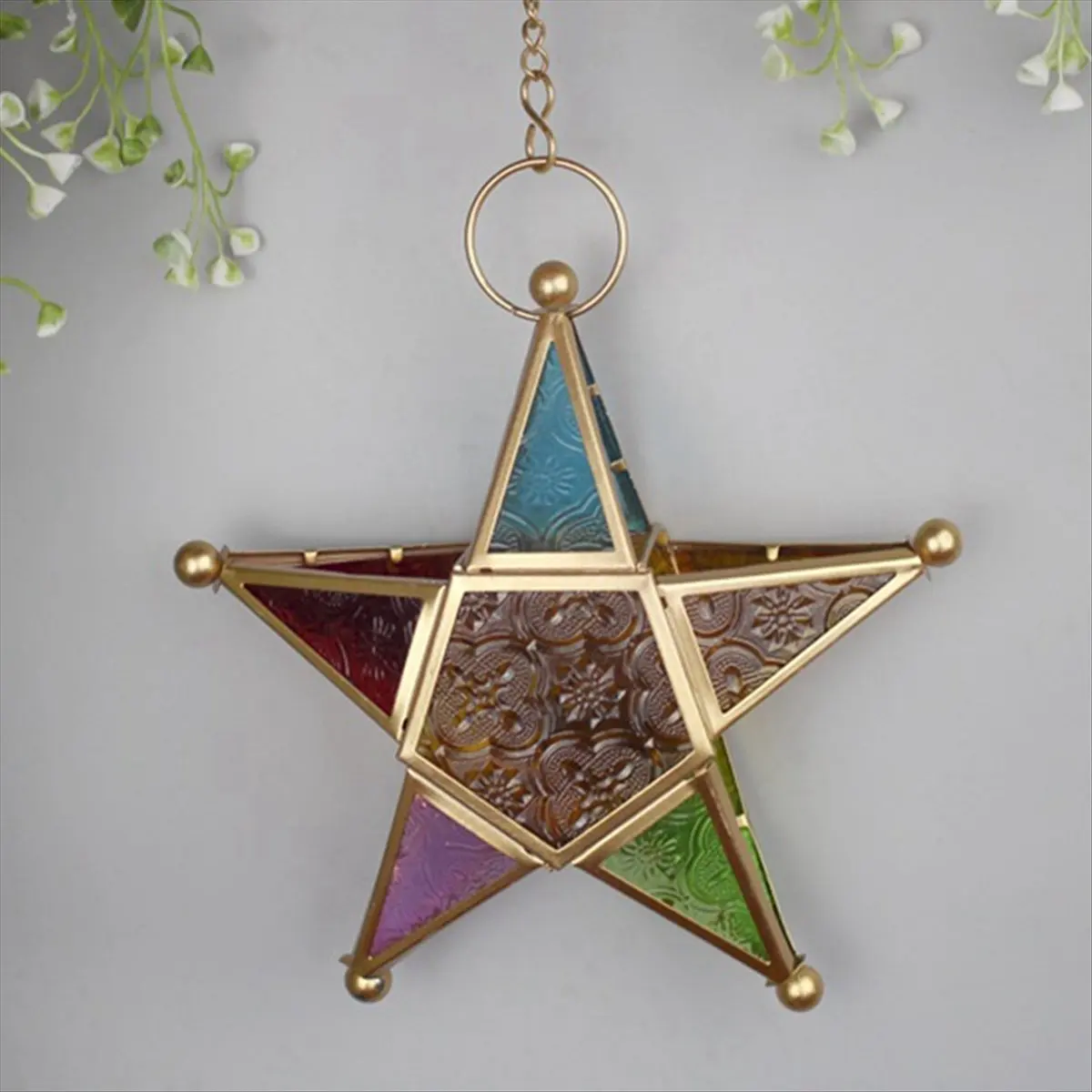 A75K Hanging Candle Lantern,Moroccan Style Glass Five-Pointed Star Shaped Tealight-Holder for Wedding,Garden Yard, Black