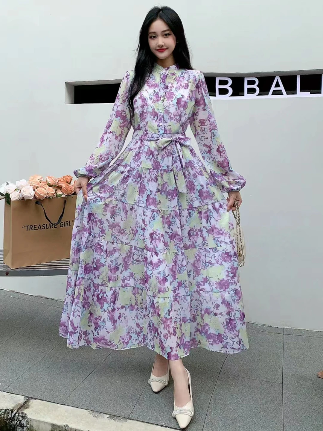 2024 New Spring Autumn Women Long Sleeve Bandage Slim Long Dress High Quality Fashion Floral Print Big Hem Chiffon Dress