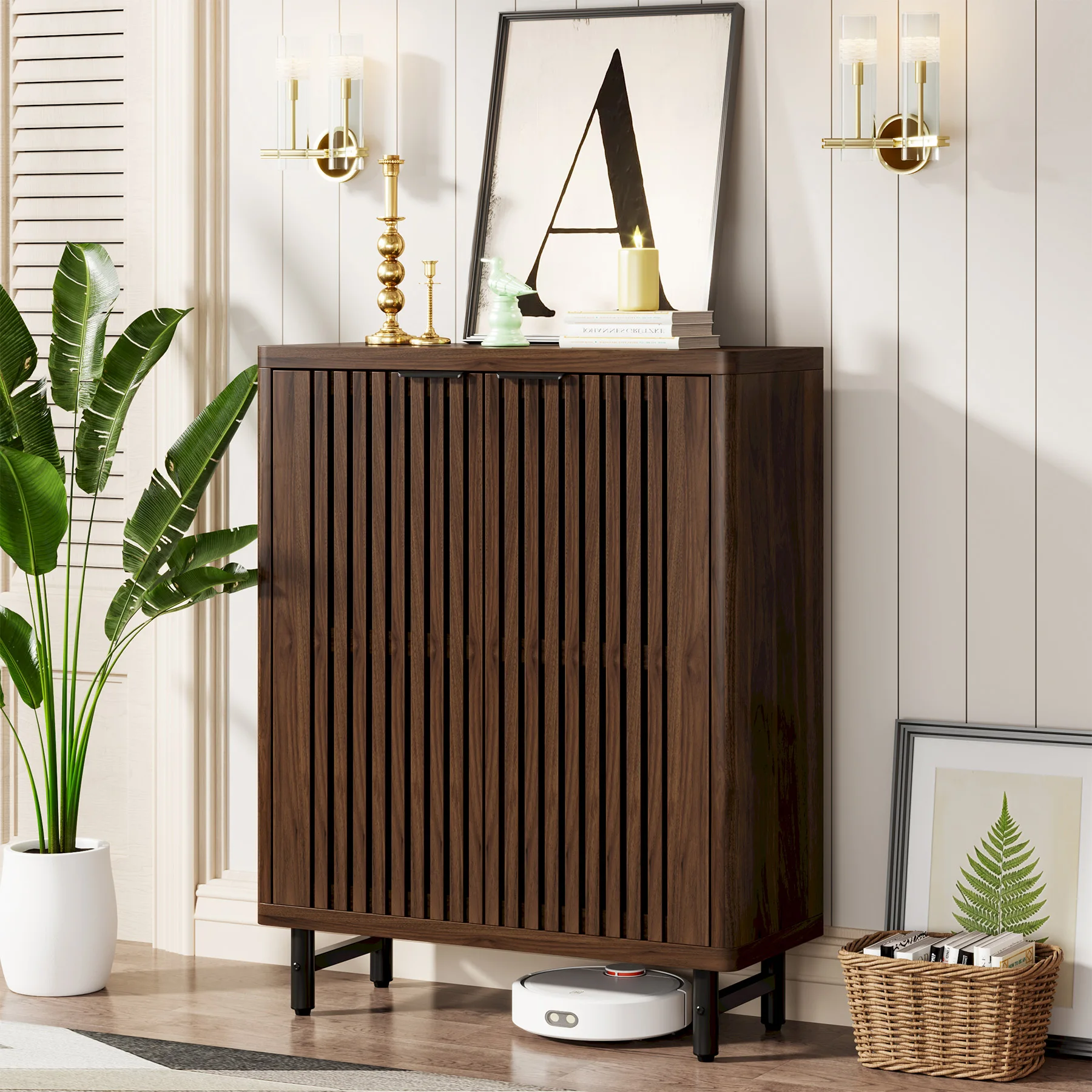 خزانة أحذية Tribesigns مكونة من 6 طبقات مع أبواب مكشوفة، وخزانة تخزين أحذية خشبية كبيرة مع أرفف قابلة للتعديل