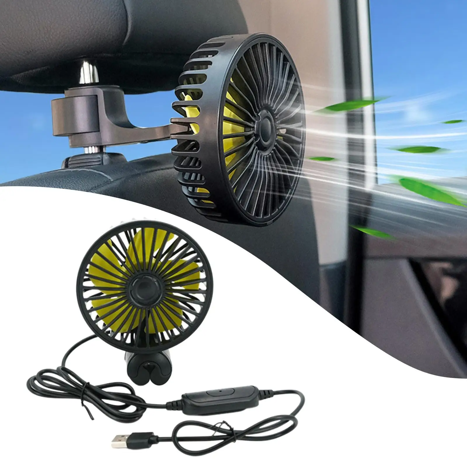 Wired Car Rear Seat Cooling Fan 3 Speed Cooling Car Fan Fits for Travel Pets