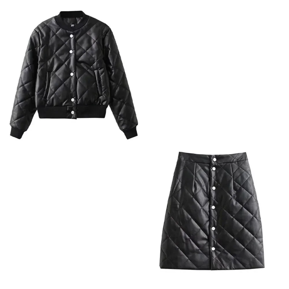 

2024 Autumn Jackets Black Casual Women Winter Button PU Cotton Clip Warm Coats+PU Cotton Sandwich Half Skirt Suit
