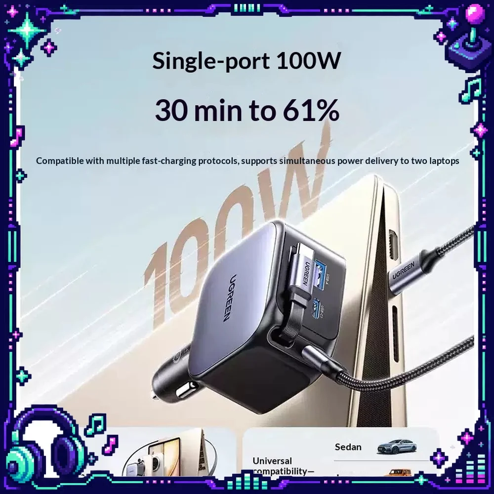 UGREEN EC604 Car Charger 145W 3 Ports Retractable USB C Cable PD 3.0 for iPhone Laptop Tablet