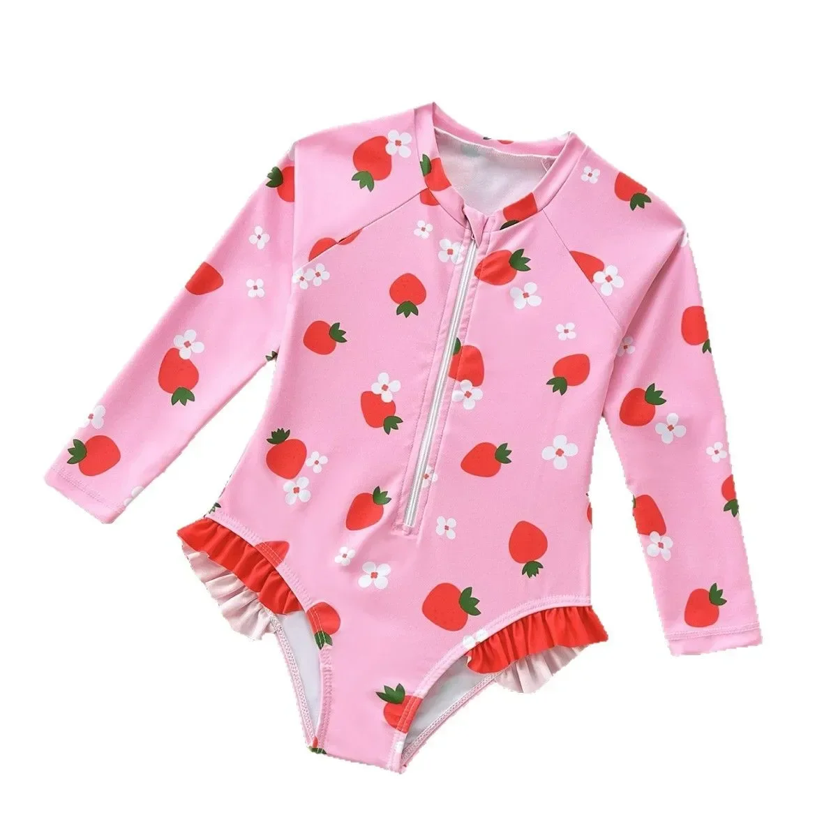 Nuovo costume da bagno intero per ragazze estive per bambini simpatico cartone animato fragola manica lunga cerniera costume da bagno per bambini ad asciugatura rapida