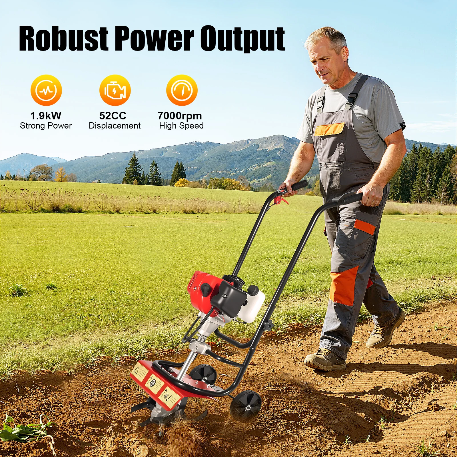 

Gas Tiller,52CC 2 Stroke Garden Cultivator Gas Powered,Gasoline Garden Farm Tilling Rototiller for Lawn, Field Soil Cultivation