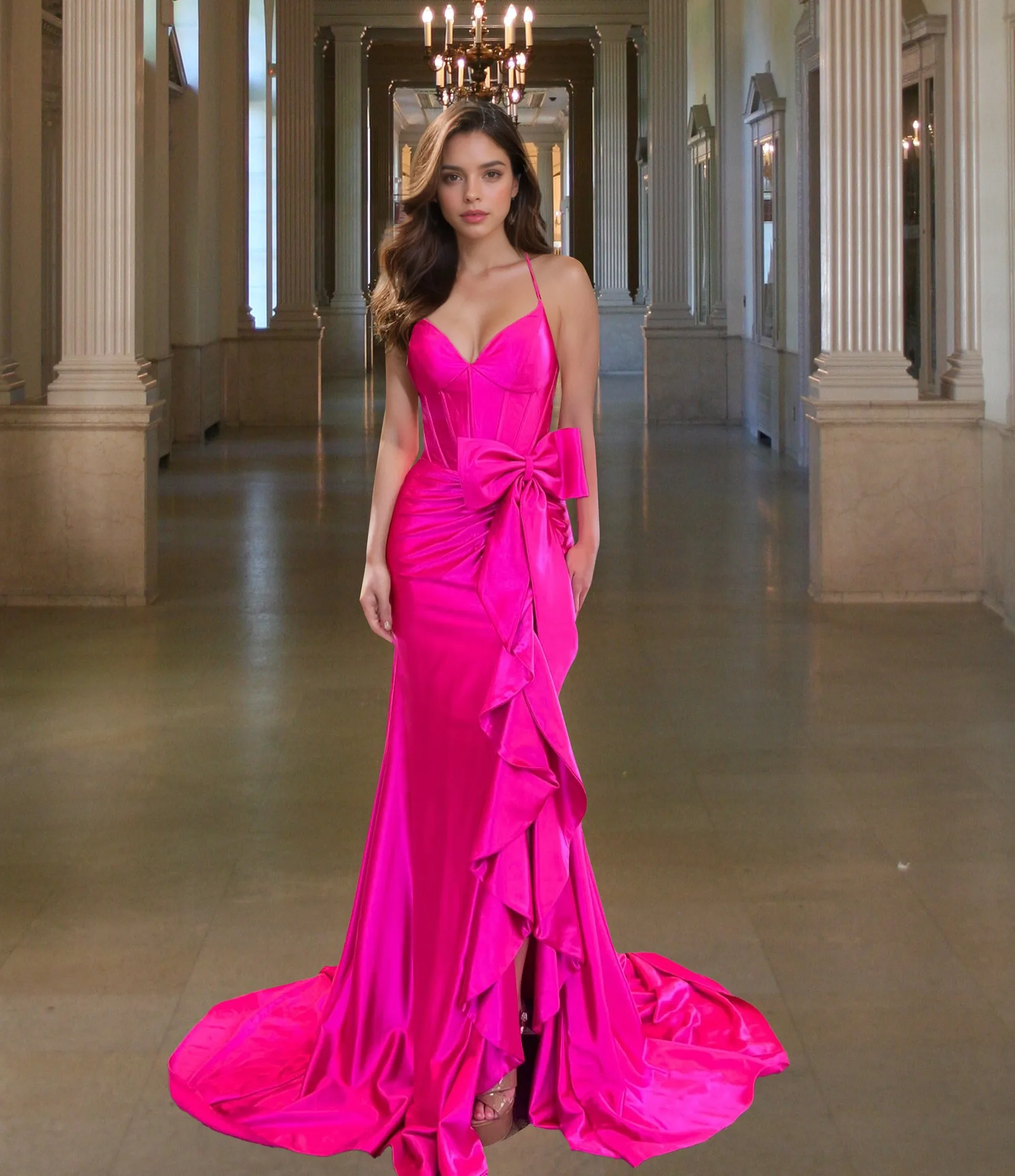 

Customized Graceful Satin Straight Spaghetti Straps Bow and Ruffles Evening Dresses Strapless Sleeveless Panel Train Prom Dress